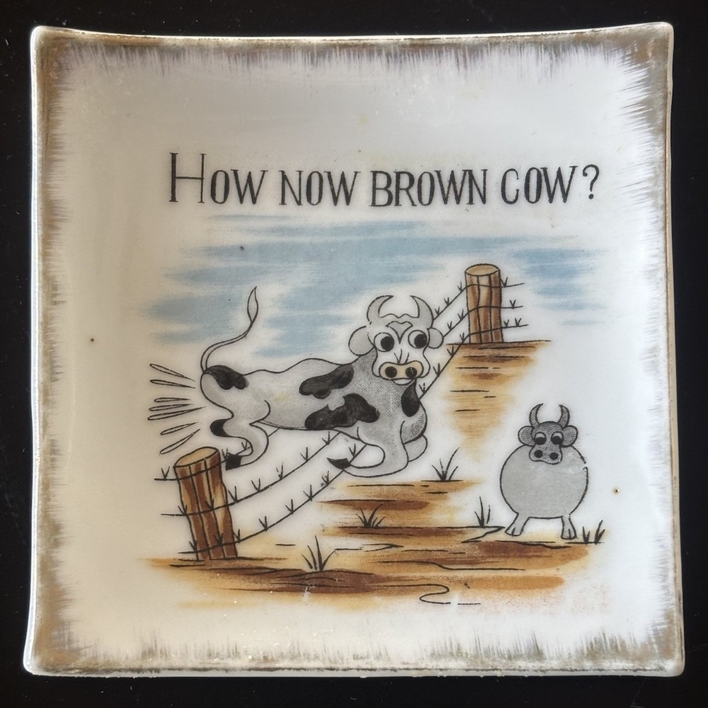 Vtg Small Square Plate Butter Pat How Now Brown Cow Farmhouse Dish Bradley Japan